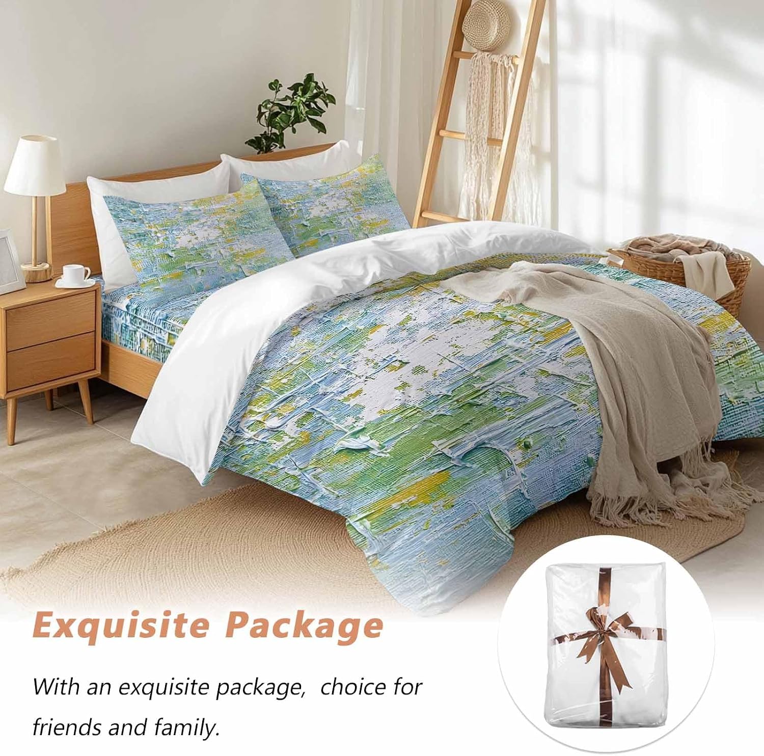 Prime Leader Abstract Geometric Duvet Cover Set Queen Size 4 Pieces Yellow Blue Green Oil Painting Style Bedding Set with Zipper Closure, 1 Comforter Cover 90x92 Inches 1 Flat Sheet & 2 Pillow Cases