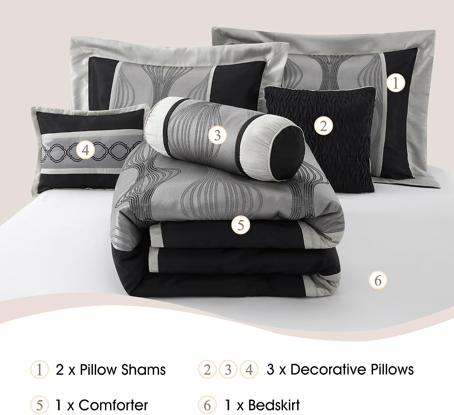 Stratford Park Elegant Black and Silver Comforter Set Queen Size, 7 Pieces Bedding & Collection, Jacquard All Season Comforter & Pillows, Ultra-Soft Microfiber
