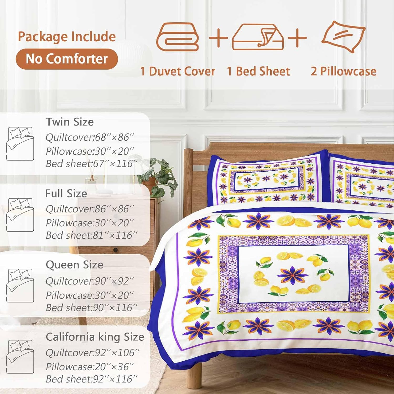 Mediterranean Style Lemon Floral Duvet Cover Set Queen Size 4 Pieces Blue Border Countryside Bedding Set with Zipper Closure, 1 Comforter Cover 92x106 Inches 1 Flat Sheet & 2 Pillow Cases