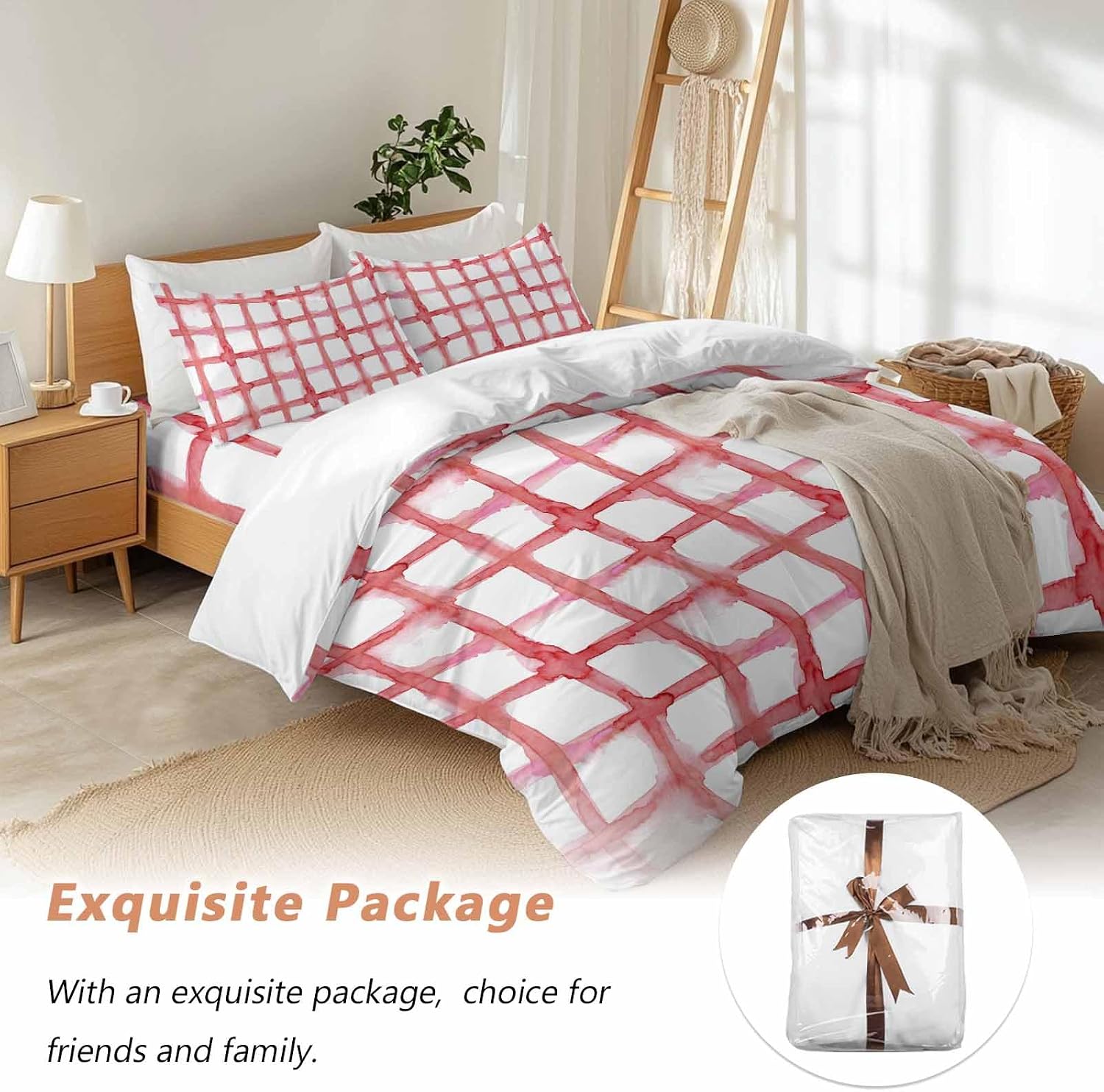 Retro Red Checkered Duvet Cover Set Queen Size 4 Pieces Watercolor Lines Geometric Minimalist Bedding Set with Zipper Closure, 1 Comforter Cover 86x86 Inches 1 Flat Sheet & 2 Pillow Cases