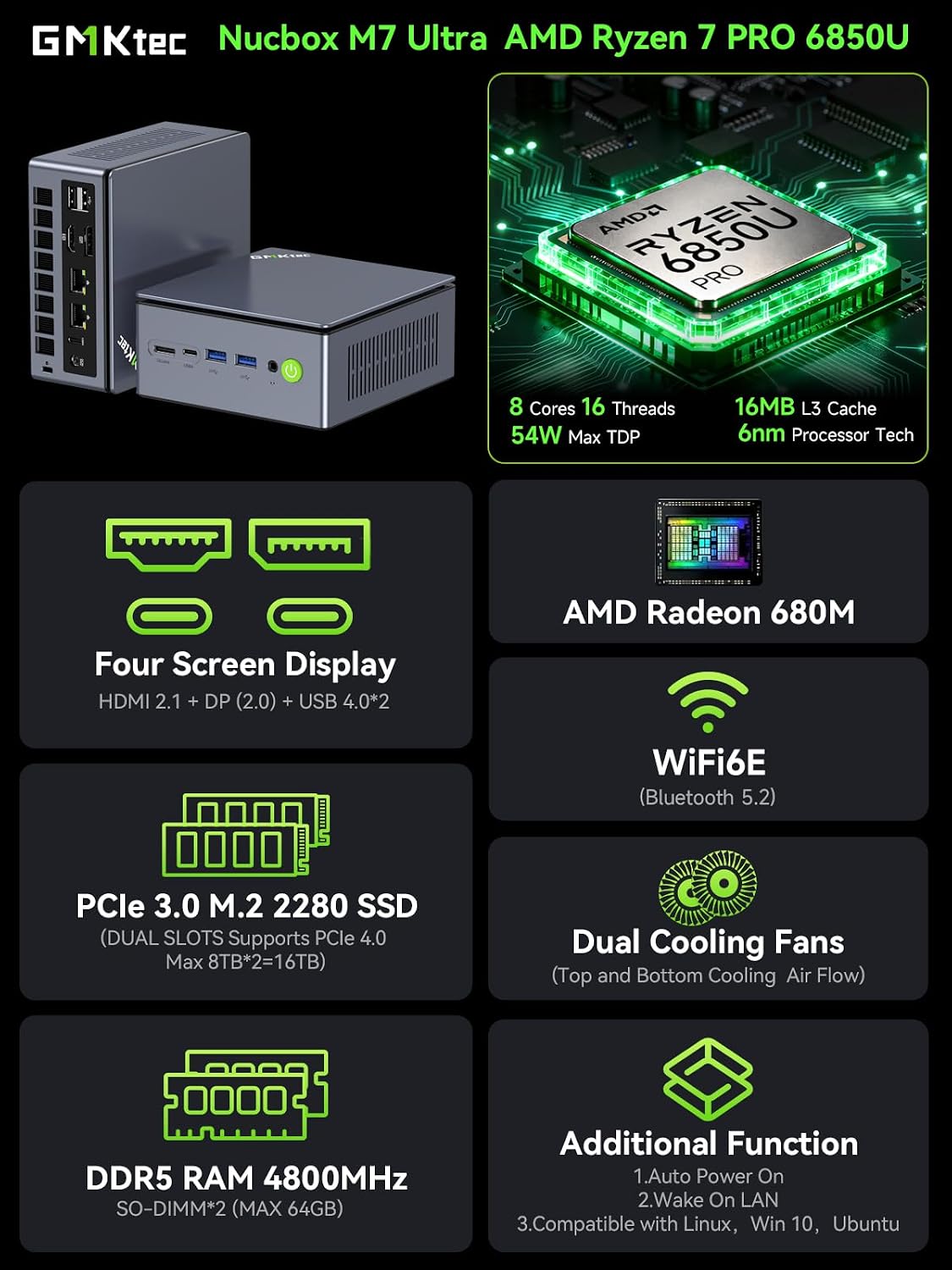 GMKtec M7 Ultra Mini PC Gaming, Ryzen 7 PRO 6850U 16GB DDR5 RAM & 512GB SSD, Mini Desktop Computer with PCle 4.0x4 Oculink Dual NIC LAN 2.5G, Dual USB4, Quad Display Support 8K@60Hz DP 2.0, HDMI2.1