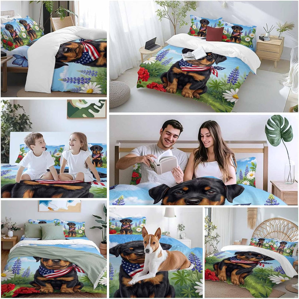 Independence Day Duvet Cover Set Queen Size 4 Pieces Watercolor U. S. Flag Cute Rottweiler Butterfly Bedding Set with Zipper Closure, 1 Comforter Cover 90x92 Inches 1 Flat Sheet & 2 Pillow Cases
