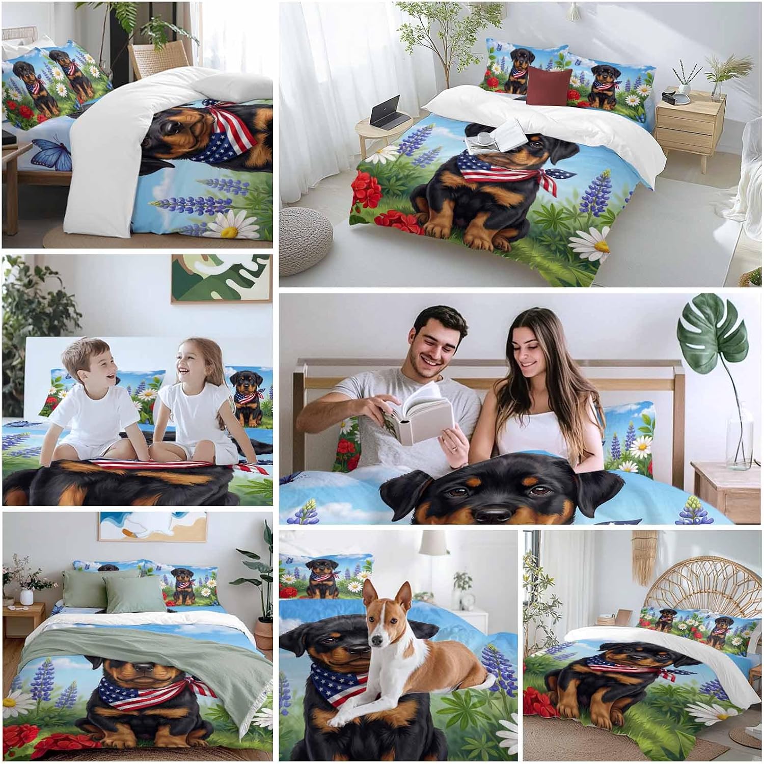 Independence Day Duvet Cover Set Queen Size 4 Pieces Watercolor U. S. Flag Cute Rottweiler Butterfly Bedding Set with Zipper Closure, 1 Comforter Cover 90x92 Inches 1 Flat Sheet & 2 Pillow Cases