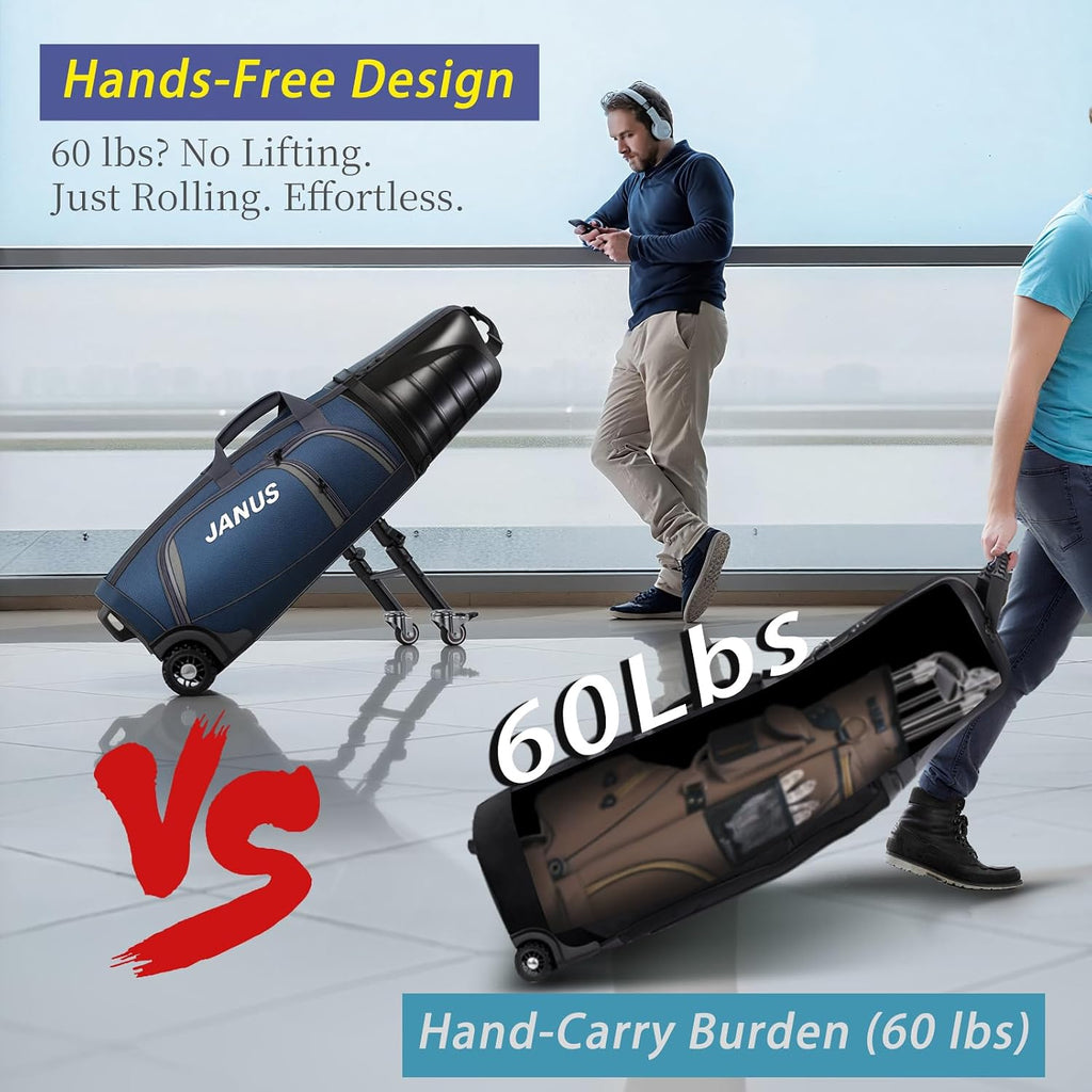 JANUS Golf Travel Bag Hard Case with Foldable Support Legs, Hands-Free Golf Club Travel Bag with 360° Spinner Wheels, ABS Hard Shell, Foldable Design for Airline Travel