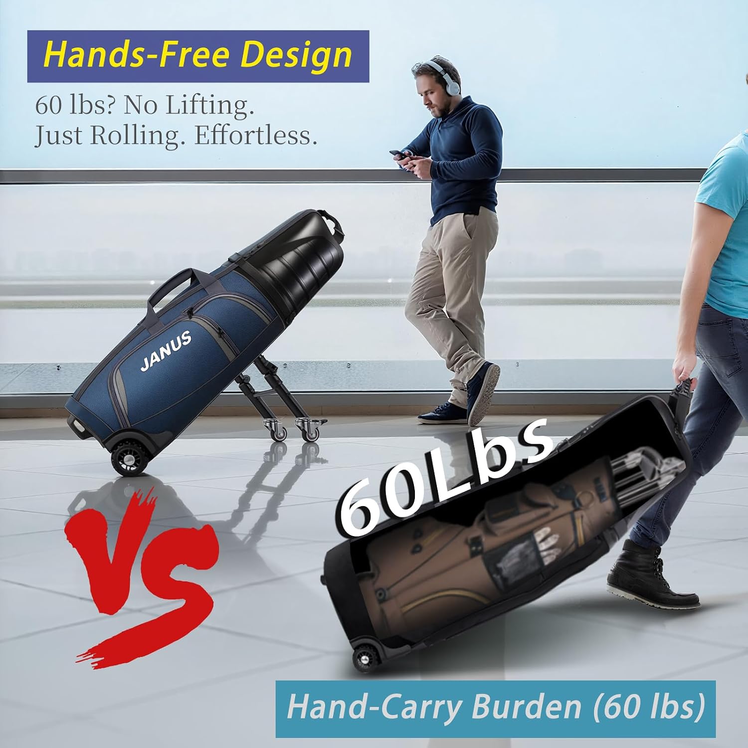 JANUS Golf Travel Bag Hard Case with Foldable Support Legs, Hands-Free Golf Club Travel Bag with 360° Spinner Wheels, ABS Hard Shell, Foldable Design for Airline Travel