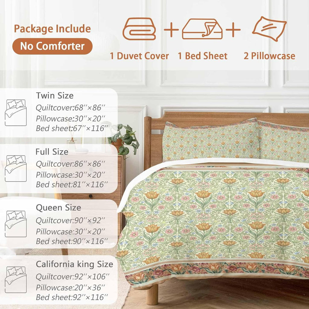 Prime Leader Flowers Duvet Cover Set Queen Size 4 Pieces Ethnic Abstract Yellow Pink Floral Green Leaf Bedding Set with Zipper Closure, 1 Comforter Cover 90x92 Inches 1 Flat Sheet & 2 Pillow Cases