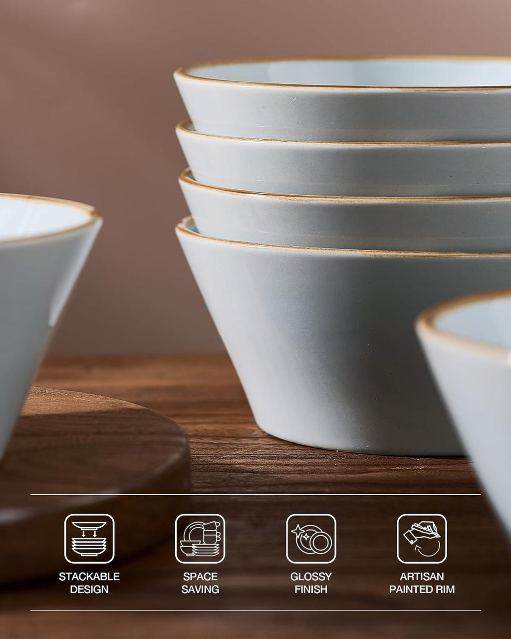 Famiware Saturn Stoneware Dinnerware Sets for 8 (24 Pieces), Ceramic Plates and Bowls Dish Sets with Hand-Painted Trim - Chip & Scratch Resistant, Microwave & Dishwasher Safe Tableware, Light Blue