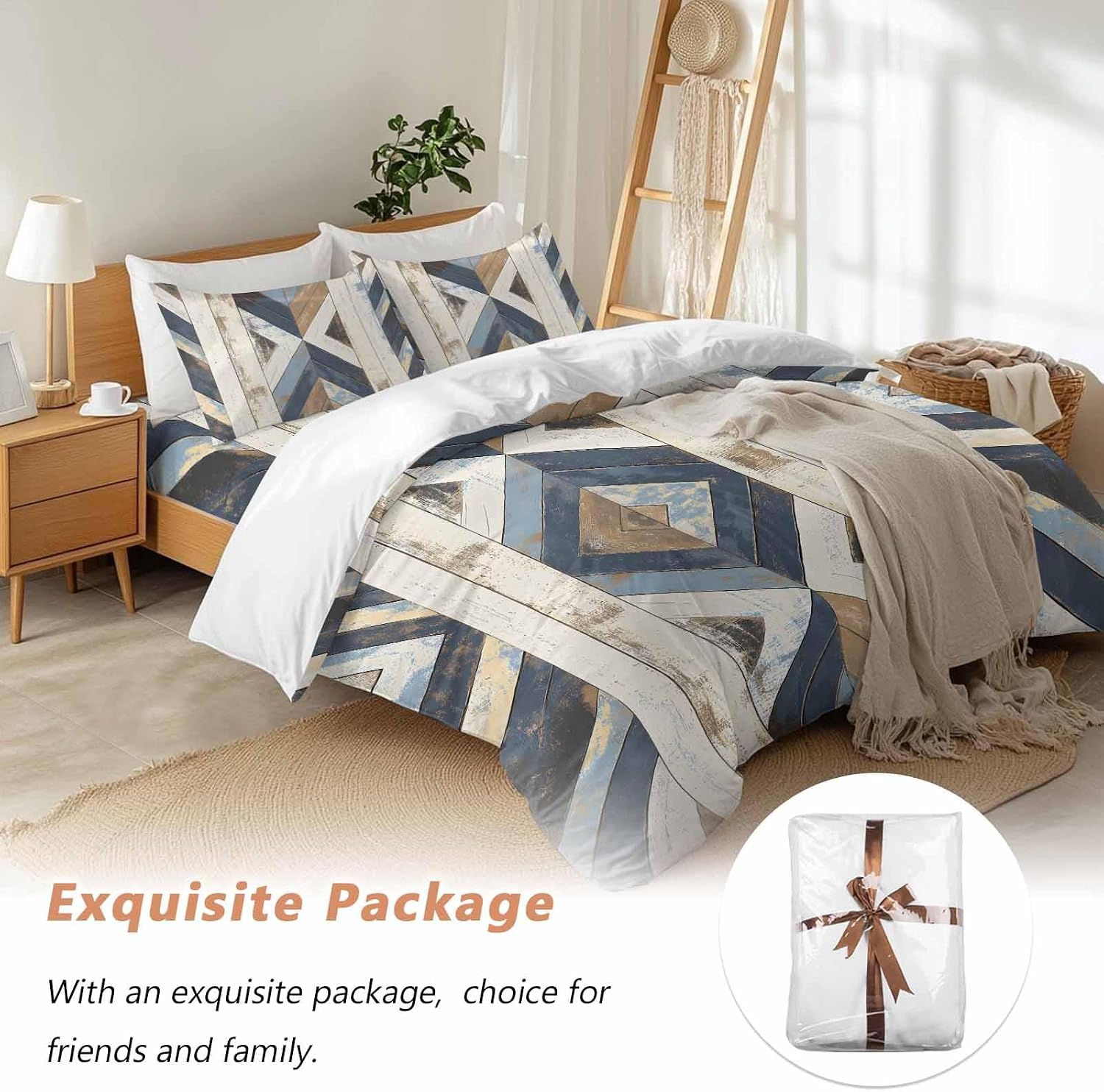 Vintage Duvet Cover Set Queen Size 4 Pieces Western Aztec Geometric Strip Wood Texture Farmhouse Bedding Set with Zipper Closure, 1 Comforter Cover 92x106 Inches 1 Flat Sheet & 2 Pillow Cases