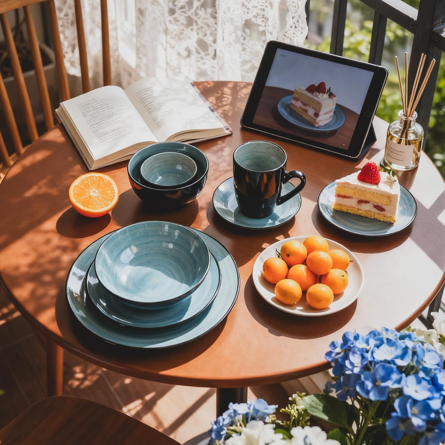 Stoneware Sonoma 56pc Dinnerware Set, Black + Speckled Spin Wash Turquoise