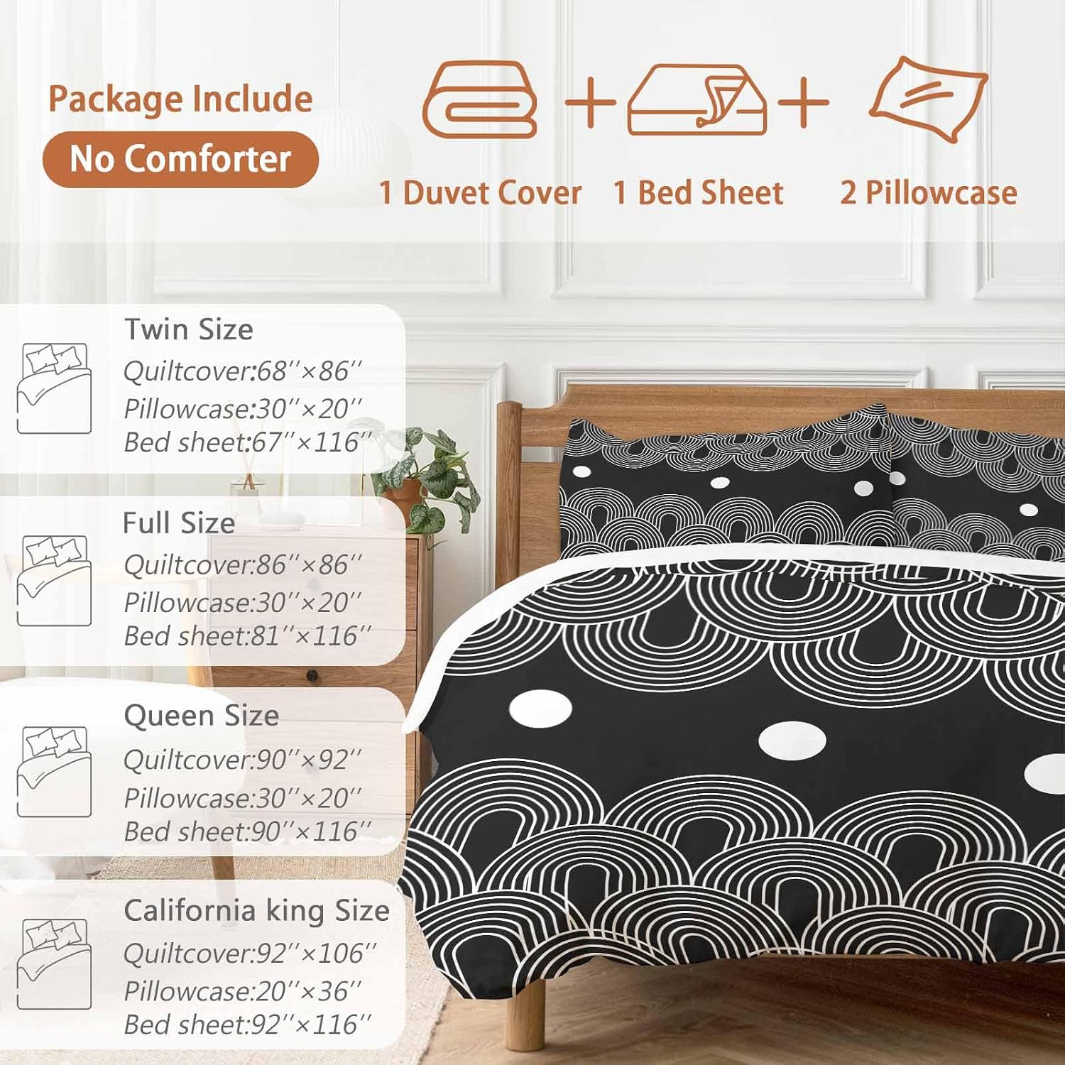 Black White Duvet Cover Set Queen Size 4 Pieces Abstract Line Boho Minimalist Arch Geometric Bedding Set with Zipper Closure, 1 Comforter Cover 92x106 Inches 1 Flat Sheet & 2 Pillow Cases