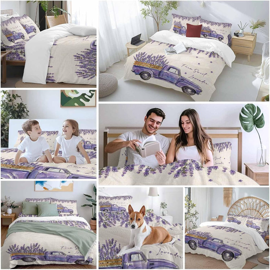 Purple Floral Duvet Cover Set Queen Size 4 Pieces Farm Sweet Lavender Truck Rustic Linen Texture Bedding Set with Zipper Closure, 1 Comforter Cover 86x86 Inches 1 Flat Sheet & 2 Pillow Cases