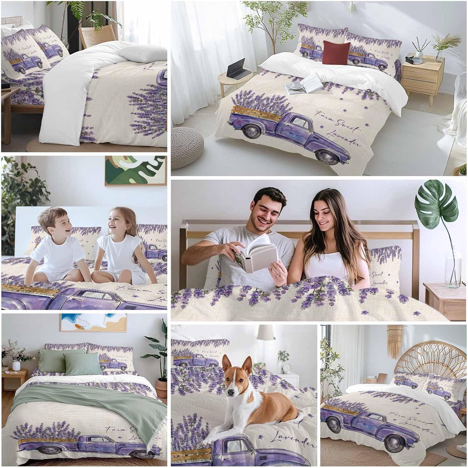 Purple Floral Duvet Cover Set Queen Size 4 Pieces Farm Sweet Lavender Truck Rustic Linen Texture Bedding Set with Zipper Closure, 1 Comforter Cover 86x86 Inches 1 Flat Sheet & 2 Pillow Cases