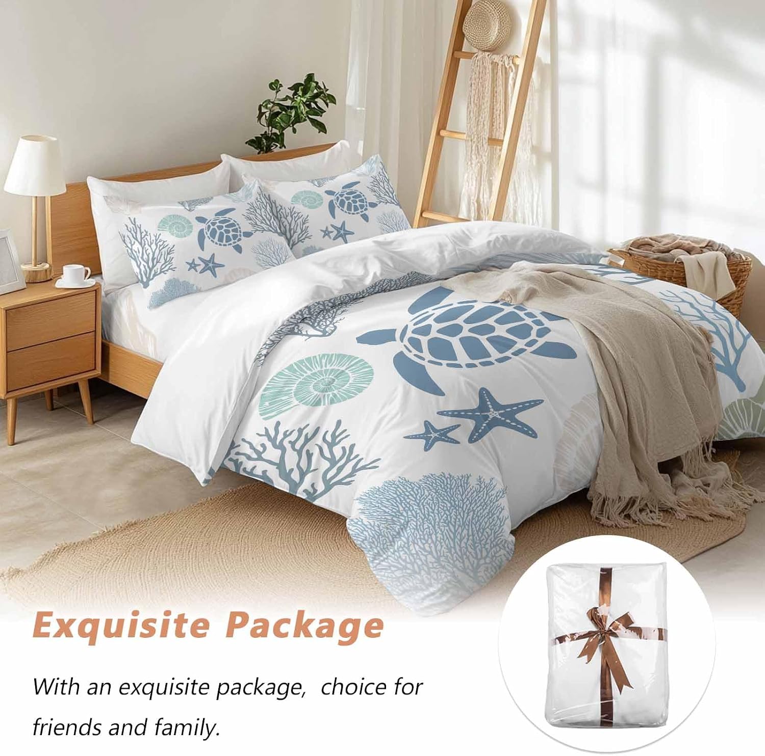 Summer Marine Life Duvet Cover Set Queen Size 4 Pieces Graffiti Sea Turtle Starfish Teal Conch Coral Bedding Set with Zipper Closure, 1 Comforter Cover 92x106 Inches 1 Flat Sheet & 2 Pillow Cases