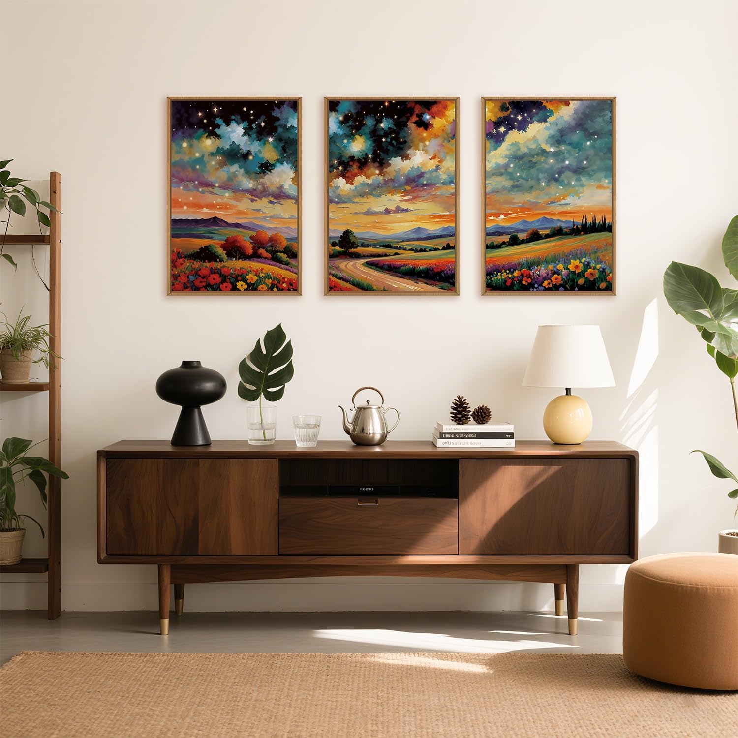Large Abstract Mountain Flower Framed Canvas Wall Art,Colorful Starry Night Wall Decor,Retro Natural Wildflower Wall Painting,Field Artwork for Living Room,Bedroom,Dining Room,Office -24'x36'x3