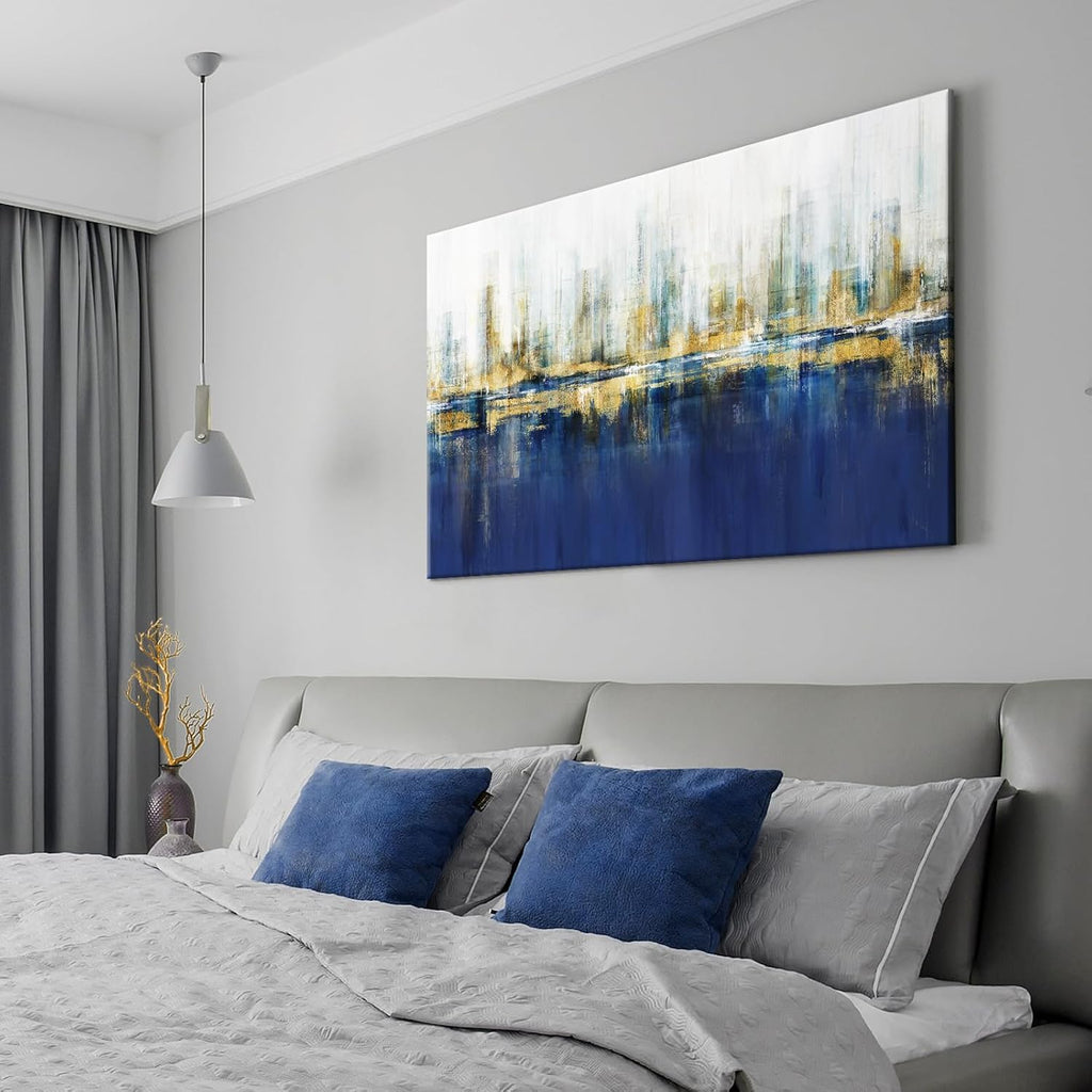7Fisionart Indigo Blue and Gold Wall Art for Living Room Abstract Decor Canvas Paintings Cityscape Modern Skyline Large Size Pictures Framed Artwork Bedroom Office 48'x32'
