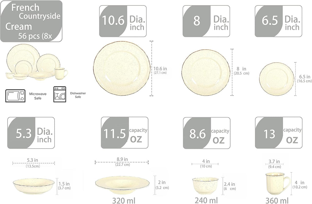 56pc Dinnerware Set, Plate and Bowl Set, Stoneware Dishes Set for 8, Microwave and Dishwahser Safe, Scratch Resistant, French Countryside Speckled Antique Cream