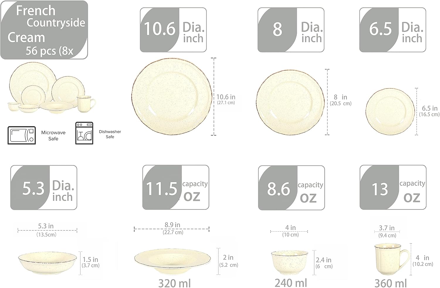 56pc Dinnerware Set, Plate and Bowl Set, Stoneware Dishes Set for 8, Microwave and Dishwahser Safe, Scratch Resistant, French Countryside Speckled Antique Cream