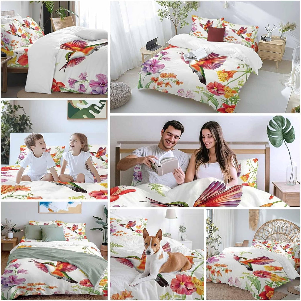 Prime Leader Retro Duvet Cover Set Queen Size 4 Pieces Hummingbird Wildflowers Pastoral Spring Scenery Bedding Set with Zipper Closure, 1 Comforter Cover 90x92 Inches 1 Flat Sheet & 2 Pillow Cases