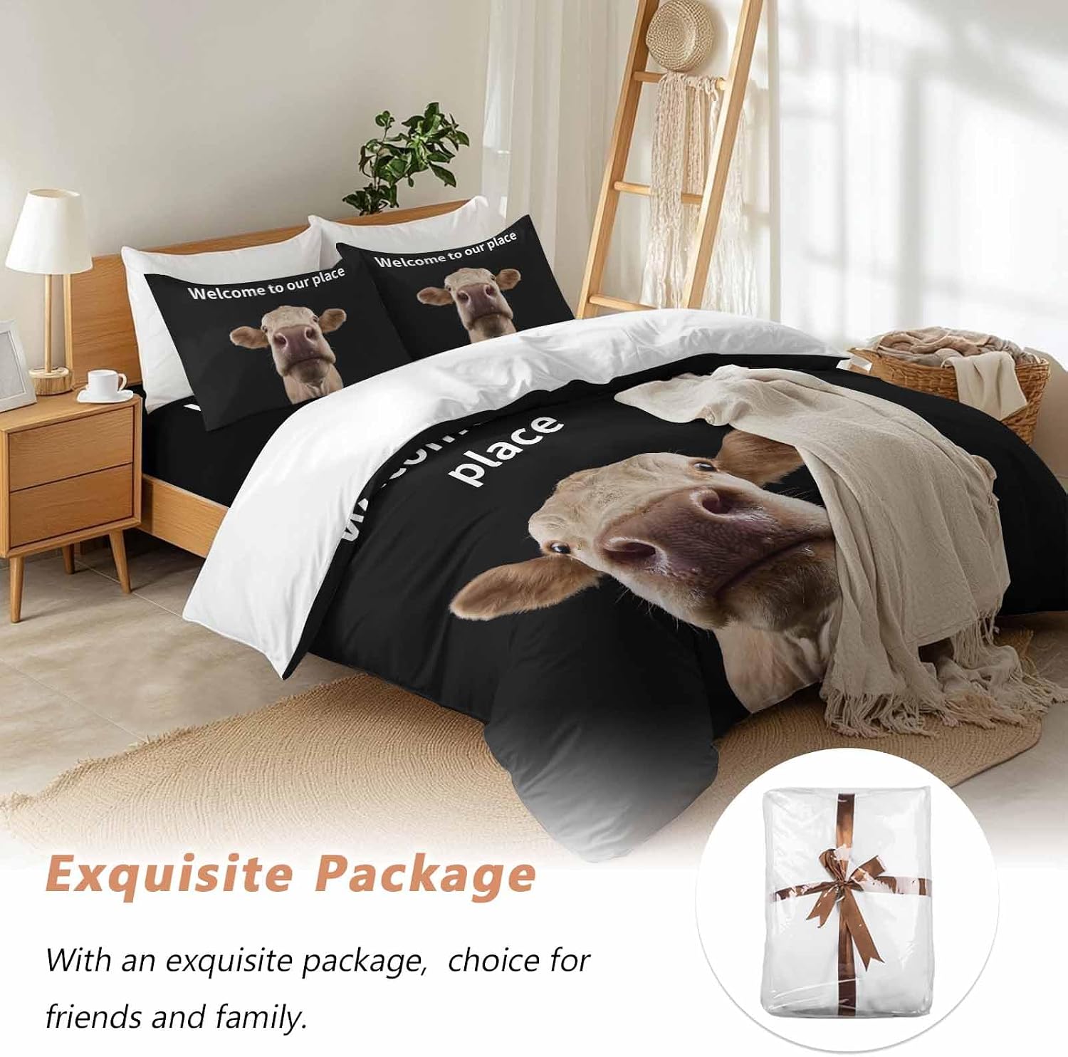 Prime Leader Funny Cow Duvet Cover Set Queen Size 4 Pieces Welcome to Our Place Abstract Animal Bedding Set with Zipper Closure, 1 Comforter Cover 92x106 Inches 1 Flat Sheet & 2 Pillow Cases
