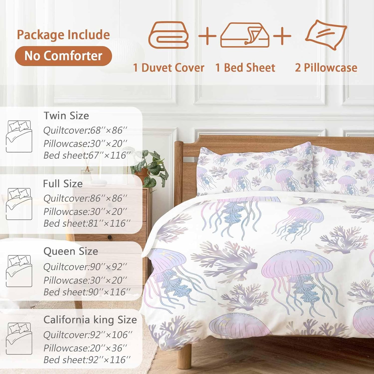 Prime Leader Jellyfish Coral Duvet Cover Set Queen Size 4 Pieces Dreamy Pink Purple Ocean Coastal Bedding Set with Zipper Closure, 1 Comforter Cover 86x86 Inches 1 Flat Sheet & 2 Pillow Cases