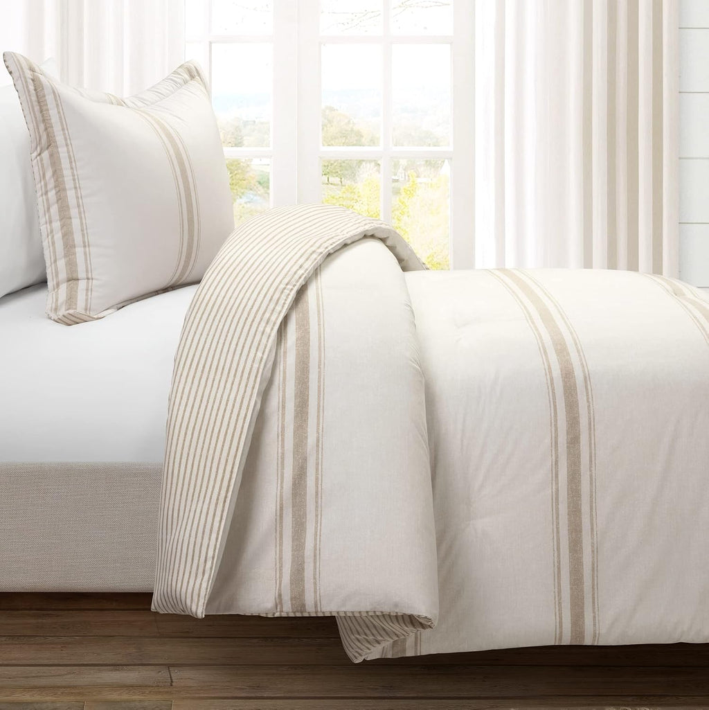 Lush Decor Farmhouse Stripe Reversible Cotton Comforter Set, 2-Piece, Twin XL Neutral - Twin Bedding Set - Dorm Decor - Striped Comforter for Farmhouse Bedroom Decor