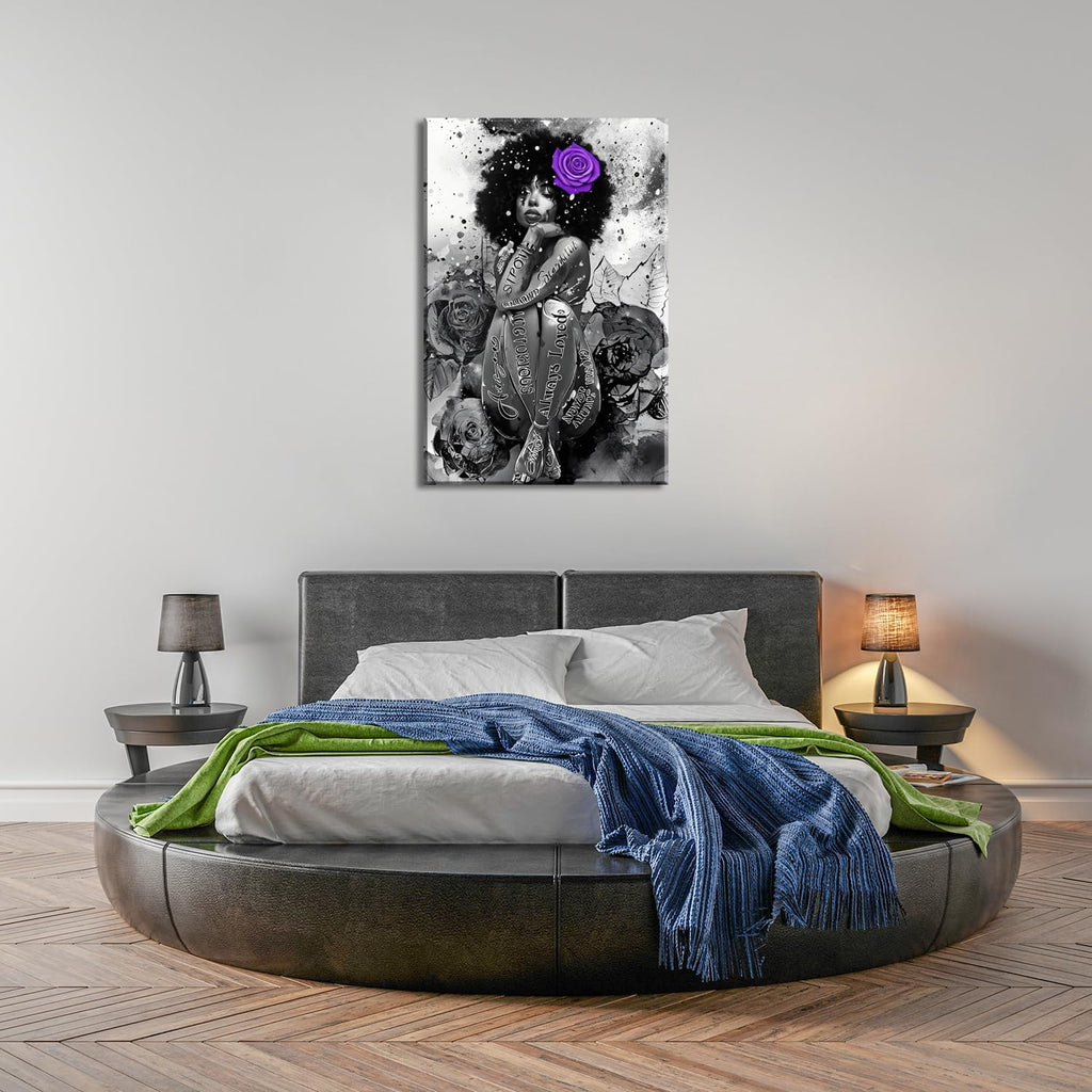 ZHIYYHAO Black and White Black Girl Wearing Purple Rose On Head Yoga Wall Decor Framed Modern Artwork Unique Gift Idea for Women Girls and Art Lovers （AW-11，42.00L X28.00W''）