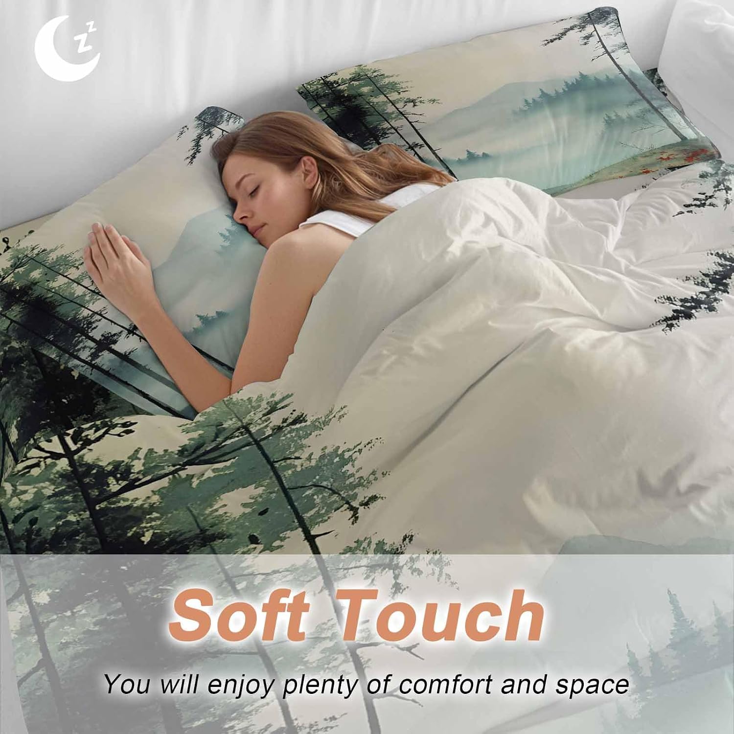 Prime Leader Forest Mountain Landscape Duvet Cover Set Queen Size 4 Pieces Foggy Retro Watercolor Bedding Set with Zipper Closure, 1 Comforter Cover 90x92 Inches 1 Flat Sheet & 2 Pillow Cases