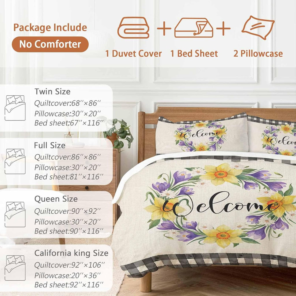 Welcome Duvet Cover Set Queen Size 4 Pieces Vintage Purple Yellow Floral Wreath Linen Texture Bedding Set with Zipper Closure, 1 Comforter Cover 86x86 Inches 1 Flat Sheet & 2 Pillow Cases