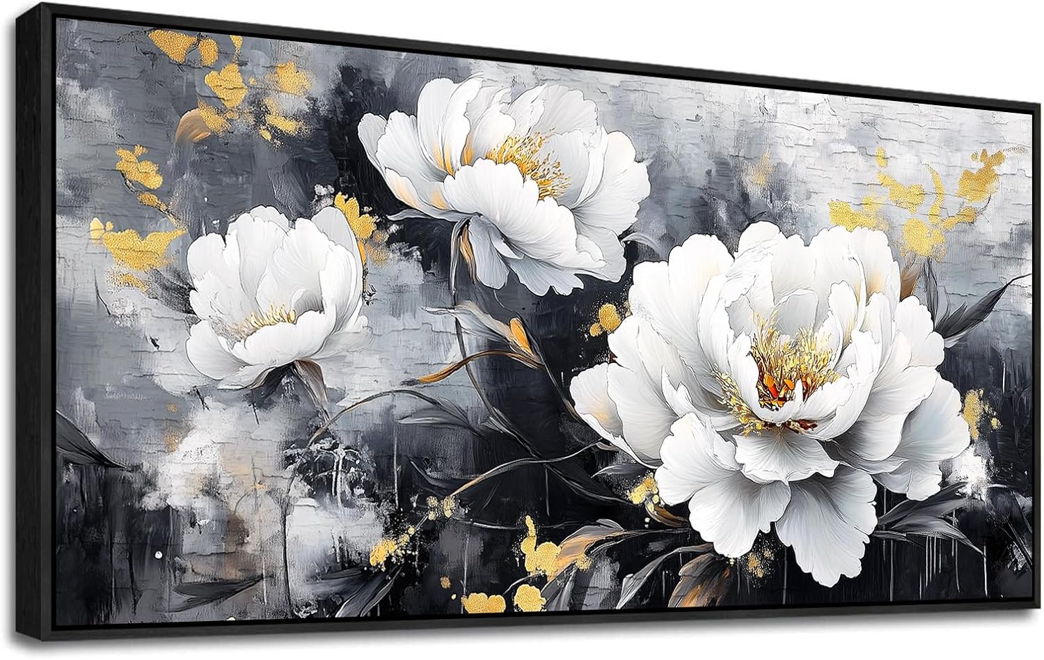 PHAOHUAXM Large Canvas Black Framed Wall Art Decor For Living Room Bedroom Abstract Painting Ink-Wash White Flowers With Home Dining Room Decorations Prints Posters Modern Room Home Decor 24'X48'