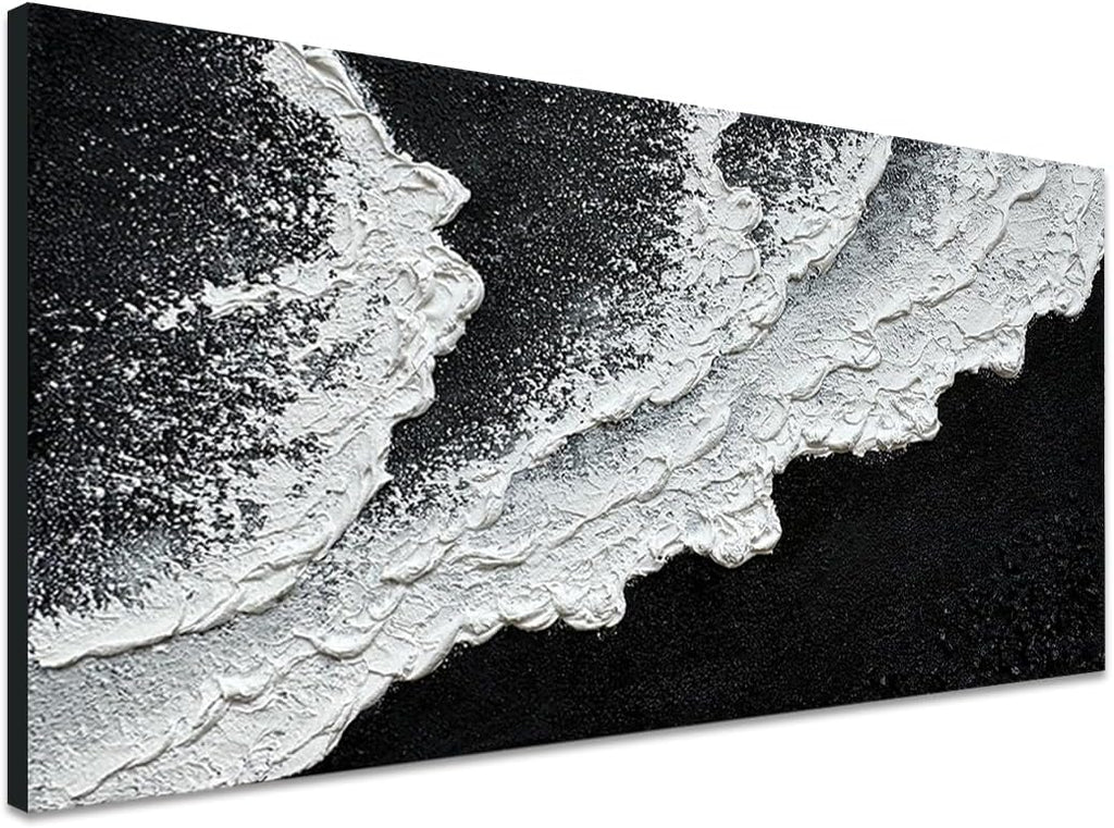 Black and White Beach Wave Textured Wall Art 3D Oil Painting Hand Painted Abstract Canvas Framed 48x24 Inch Acrylic Painting