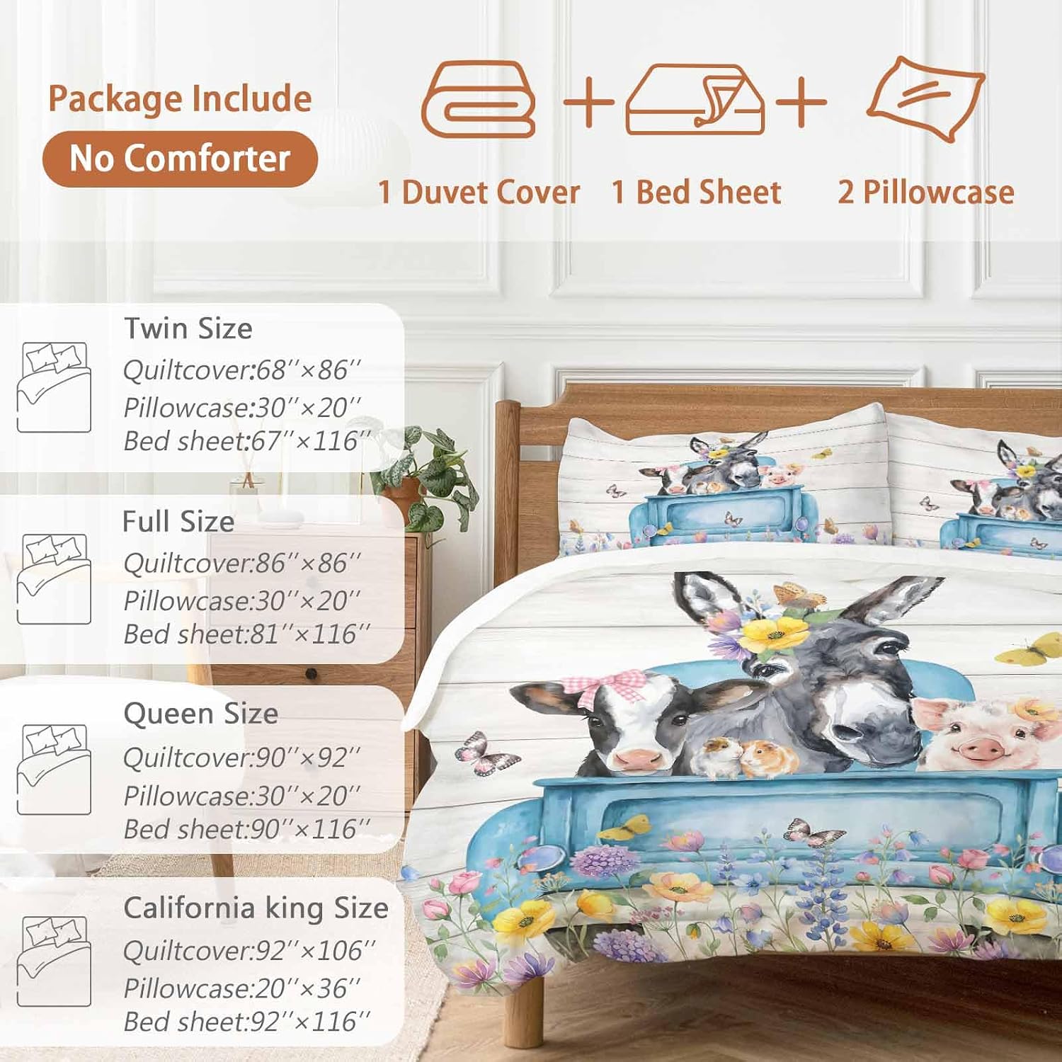 Farm Truck Animal Duvet Cover Set Queen Size 4 Pieces Donkeys Cows Pigs Wildflowers Wood Pattern Bedding Set with Zipper Closure, 1 Comforter Cover 92x106 Inches 1 Flat Sheet & 2 Pillow Cases