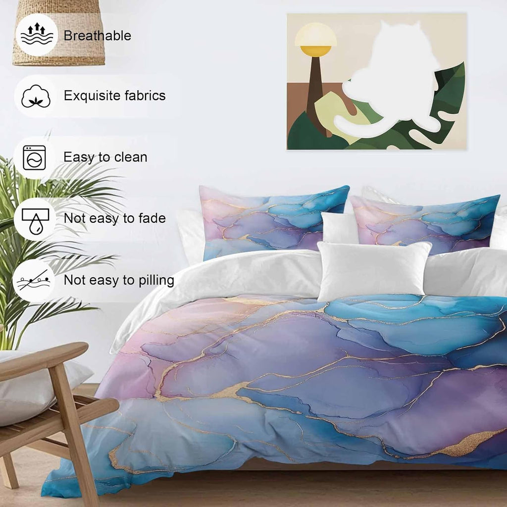 Prime Leader Abstract Impressionist Duvet Cover Set Queen Size 4 Pieces Blue Marble Texture Bedding Set with Zipper Closure, 1 Comforter Cover 86x86 Inches 1 Flat Sheet & 2 Pillow Cases