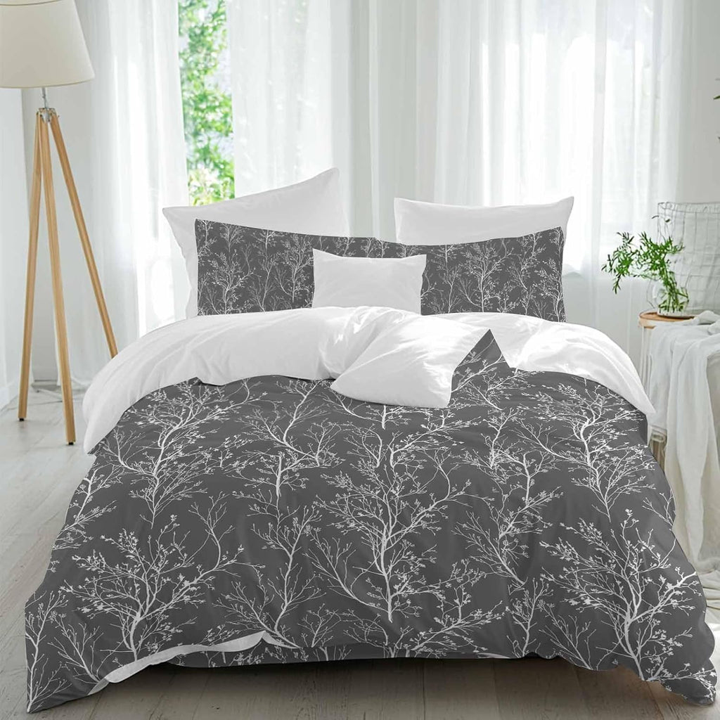 Dark Grey Duvet Cover Set Queen Size 4 Pieces White Tree Branch Botanical Abstract Plant Leaves Bedding Set with Zipper Closure, 1 Comforter Cover 90x92 Inches 1 Flat Sheet & 2 Pillow Cases
