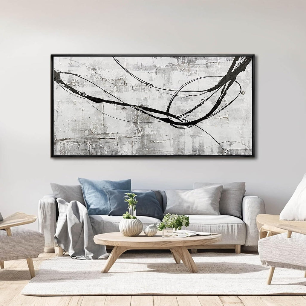 Abstract Framed Wall Art for Living Room White Pictures Canvas Black Arts Wall Decor Poster Prints Artwork for Hotel Gallery 24'x48'