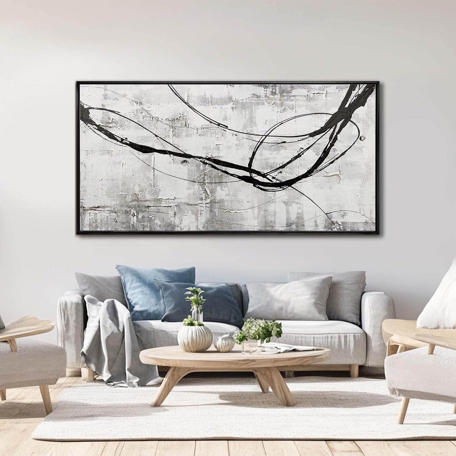 Abstract Framed Wall Art for Living Room White Pictures Canvas Black Arts Wall Decor Poster Prints Artwork for Hotel Gallery 24'x48'