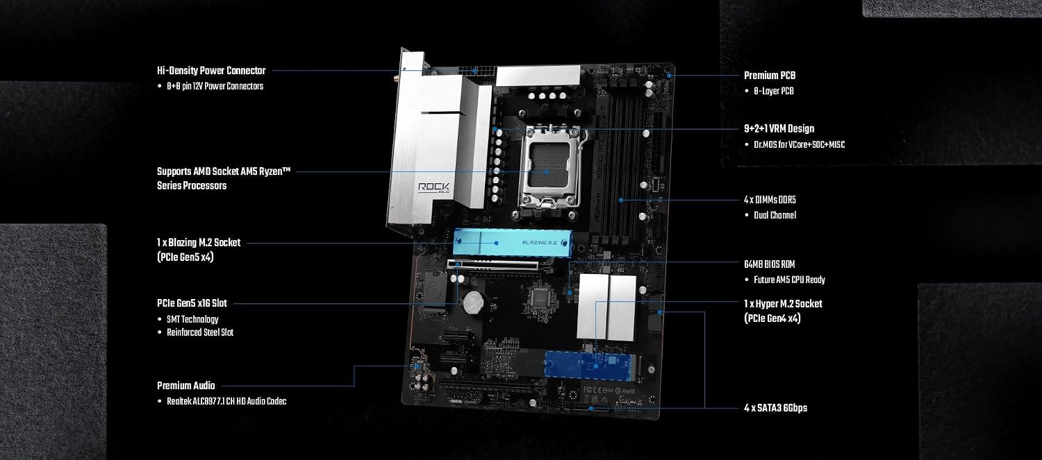 ASRock B850 Rock WiFi 7 Socket AM5 ATX Motherboard, Supports AMD Ryzen 9000/8000/7000 Series, DDR5 8000+(OC), PCIe 5.0, WiFi 7, 2.5G LAN