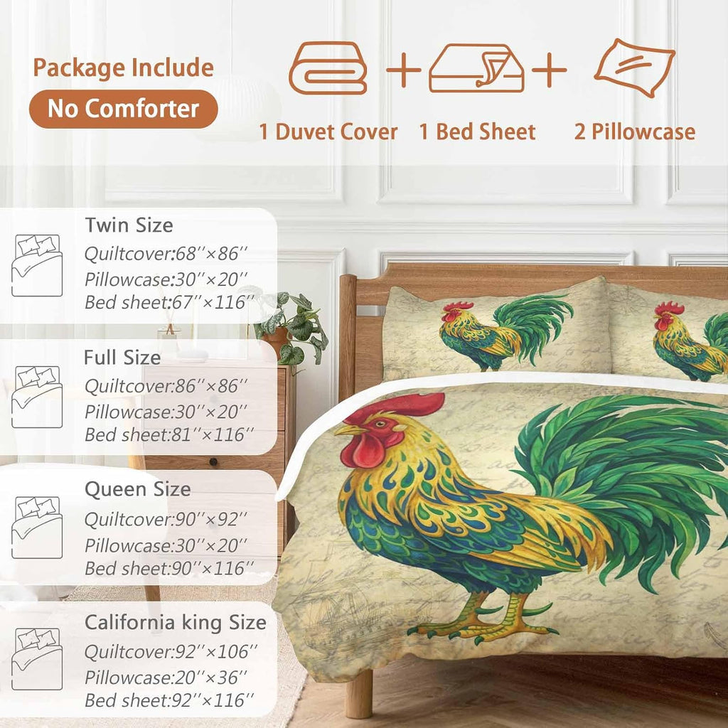 Prime Leader Retro Chicken Duvet Cover Set Queen Size 4 Pieces Farm Rooster Vintage Paper Country Animal Bedding Set with Zipper Closure, 1 Comforter Cover 86x86 Inches 1 Flat Sheet & 2 Pillow Cases
