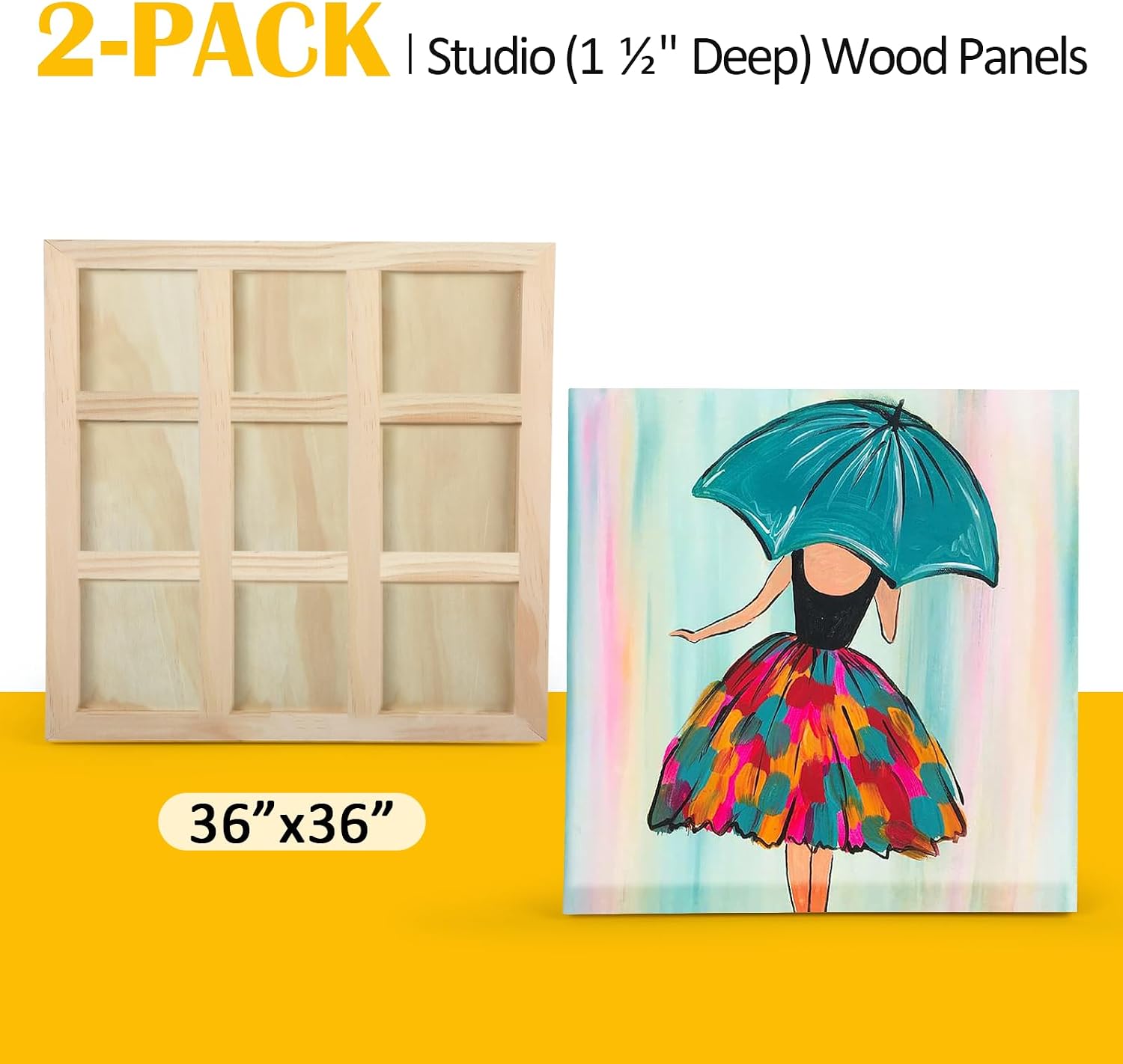 Falling in Art 2 Pack Unfinished Wooden Canvas Panels, 36x36 Gallery Birch Wood Panels Kit, 1 1/2' Deep Art Cradle Boards for Acrylic Painting, Pouring and Burning
