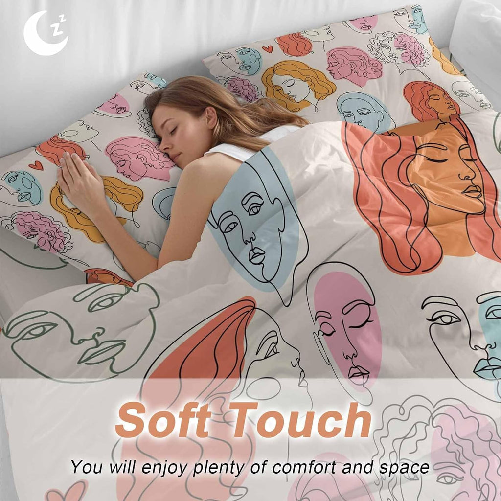 Abstract Face Painting Duvet Cover Set Queen Size 4 Pieces Boho Pink Portraits Minimalist Line Bedding Set with Zipper Closure, 1 Comforter Cover 86x86 Inches 1 Flat Sheet & 2 Pillow Cases