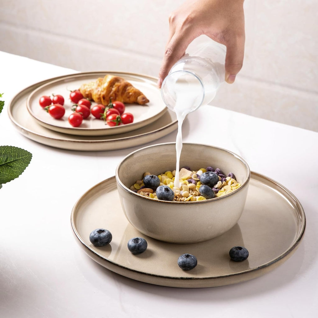 GBHOME 32 Pieces Double Bowls Ceramic Dinnerware Sets for 8, Stoneware Plates and Bowls Set with Reactive Glaze, Scratch Resistant Stoneware Dishes Set, Dishwasher & Microwave Safe