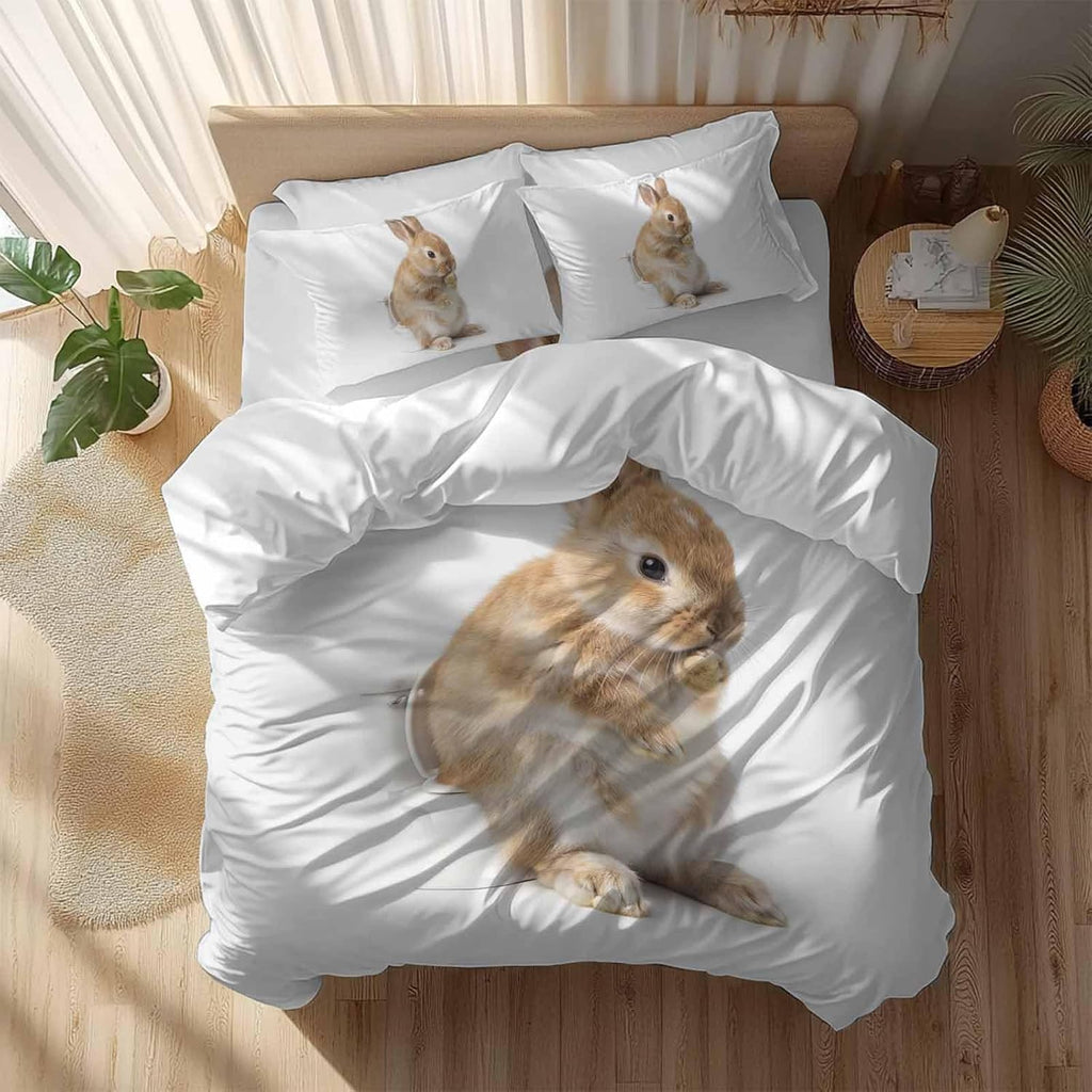 Rabbit Sitting on The Toilet Thinking Duvet Cover Set Queen Size 4 Pieces Abstract Funny Animal Bedding Set with Zipper Closure, 1 Comforter Cover 86x86 Inches 1 Flat Sheet & 2 Pillow Cases