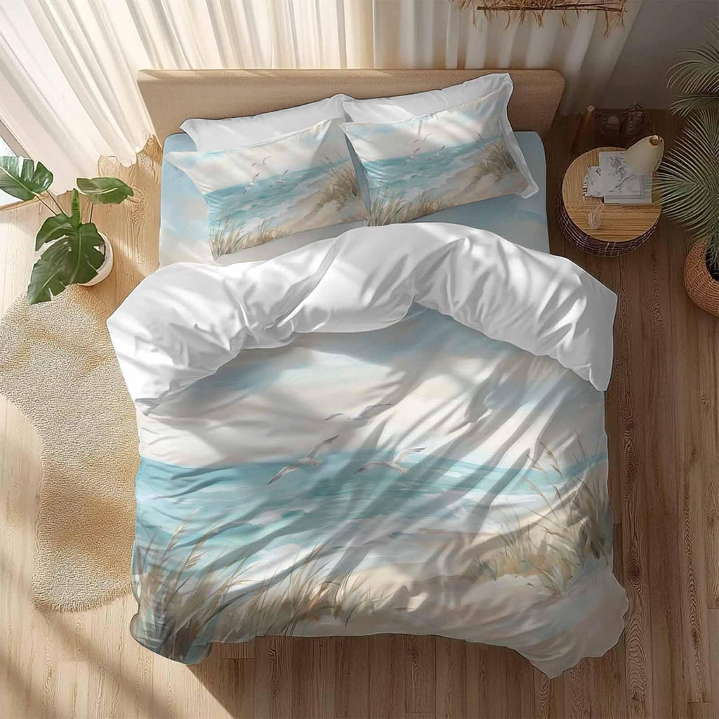 Coastal Seagulls Duvet Cover Set Queen Size 4 Pieces Beach Ocean Sky Oil Paintings Style Summer Bedding Set with Zipper Closure, 1 Comforter Cover 92x106 Inches 1 Flat Sheet & 2 Pillow Cases