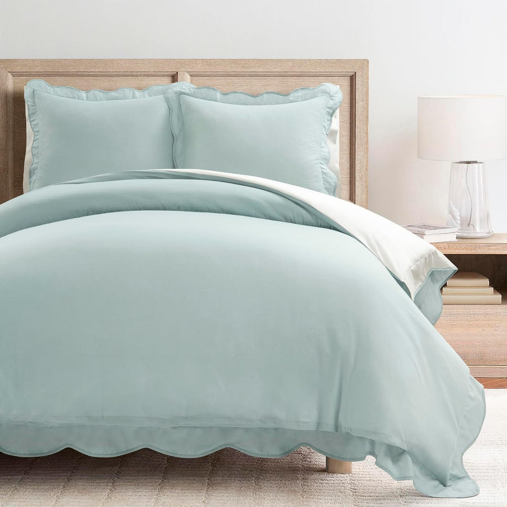Lush Decor Coastal Chic Scalloped Edge Cotton Duvet Cover Set, 3 Piece Set, King, Blue & White - King Bedding Set - White Duvet Cover King - Coastal Decor
