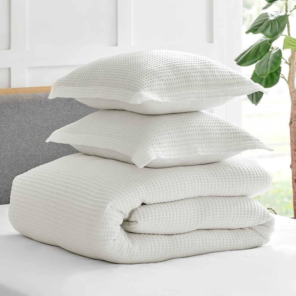 Levtex Home Mills Waffle King Duvet Cover Set (106x94in) with 2 Pillow Shams (36x20in) - Cream - Cotton King Size Duvet Cover Set - Soft, Pre-Washed
