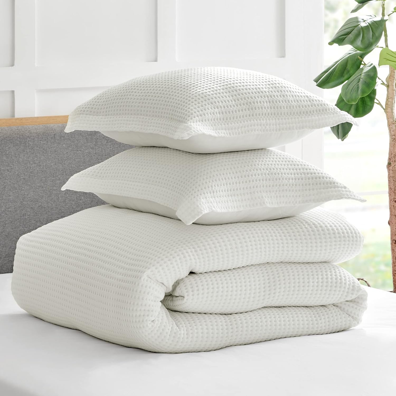Levtex Home Mills Waffle King Duvet Cover Set (106x94in) with 2 Pillow Shams (36x20in) - Cream - Cotton King Size Duvet Cover Set - Soft, Pre-Washed