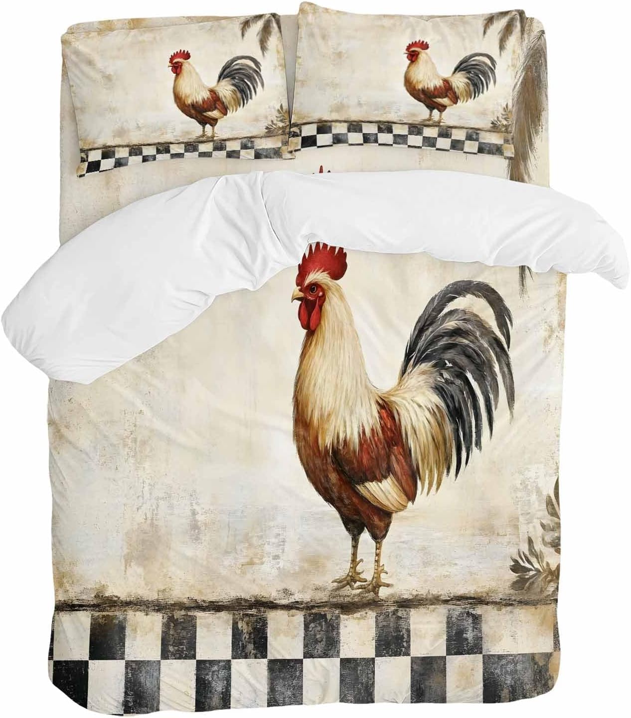 Rooster Chicken Duvet Cover Set Queen Size 4 Pieces Black Plaid Watercolor Vintage Texture Farm Bedding Set with Zipper Closure, 1 Comforter Cover 90x92 Inches 1 Flat Sheet & 2 Pillow Cases