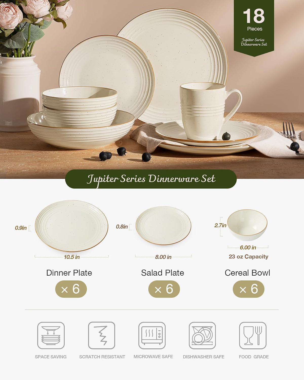 Famiware Jupiter 18-Piece Stoneware Dinnerware Sets for 6 – Handcrafted Plates and Bowls with Speckles & Embossed Swirls, Chip & Scratch Resistant, Modern Dishes for Daily & Formal Use, Vanilla White