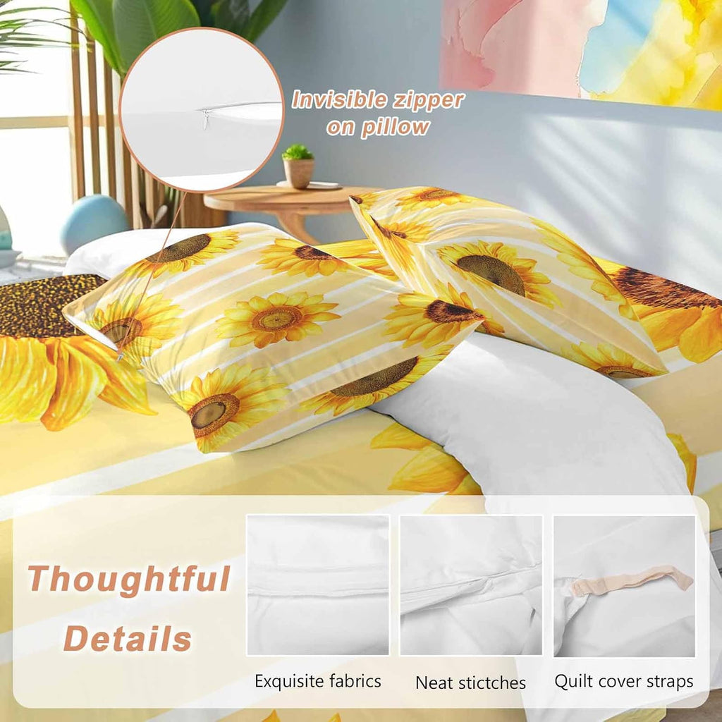 Prime Leader Sunflower Duvet Cover Set Queen Size 4 Pieces Yellow Floral Yellow Watercolor Strip Summer Bedding Set with Zipper Closure, 1 Comforter Cover 90x92 Inches 1 Flat Sheet & 2 Pillow Cases