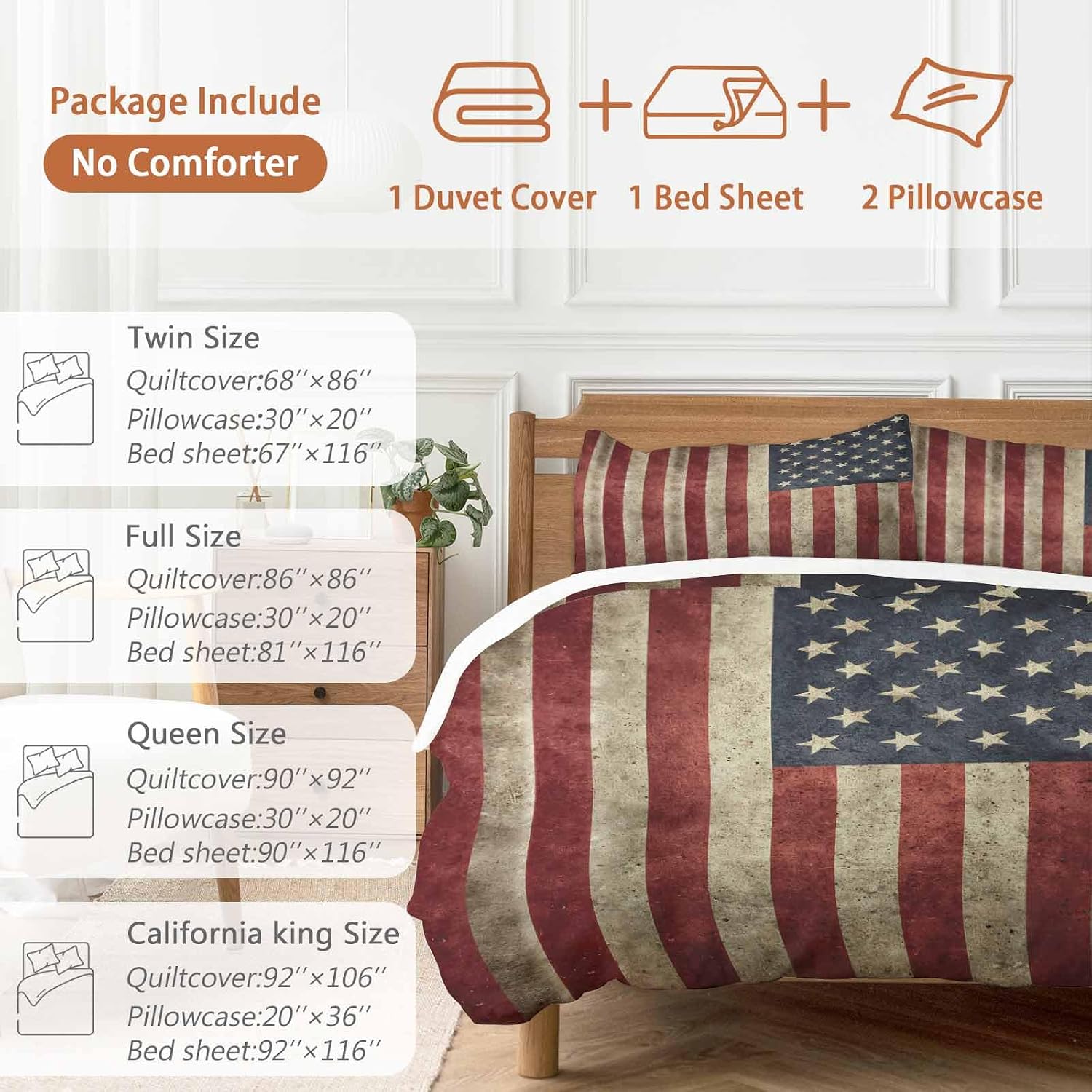 Vintage U.S. Flag Duvet Cover Set Queen Size 4 Pieces Red White Striped Star Independence Day Bedding Set with Zipper Closure, 1 Comforter Cover 86x86 Inches 1 Flat Sheet & 2 Pillow Cases