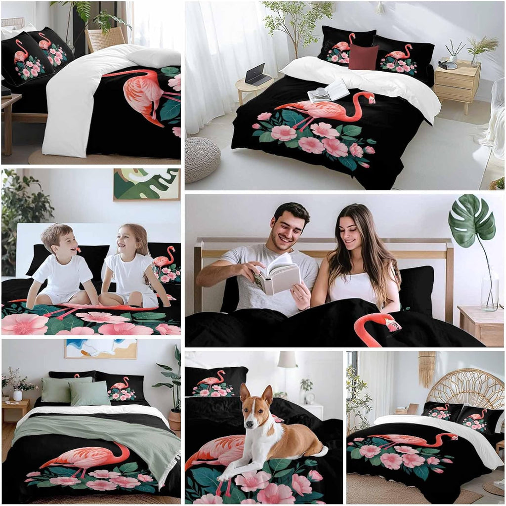 Prime Leader Flamingo Duvet Cover Set Queen Size 4 Pieces Pink Flower Leafs Plants Watercolors Black Bedding Set with Zipper Closure, 1 Comforter Cover 92x106 Inches 1 Flat Sheet & 2 Pillow Cases